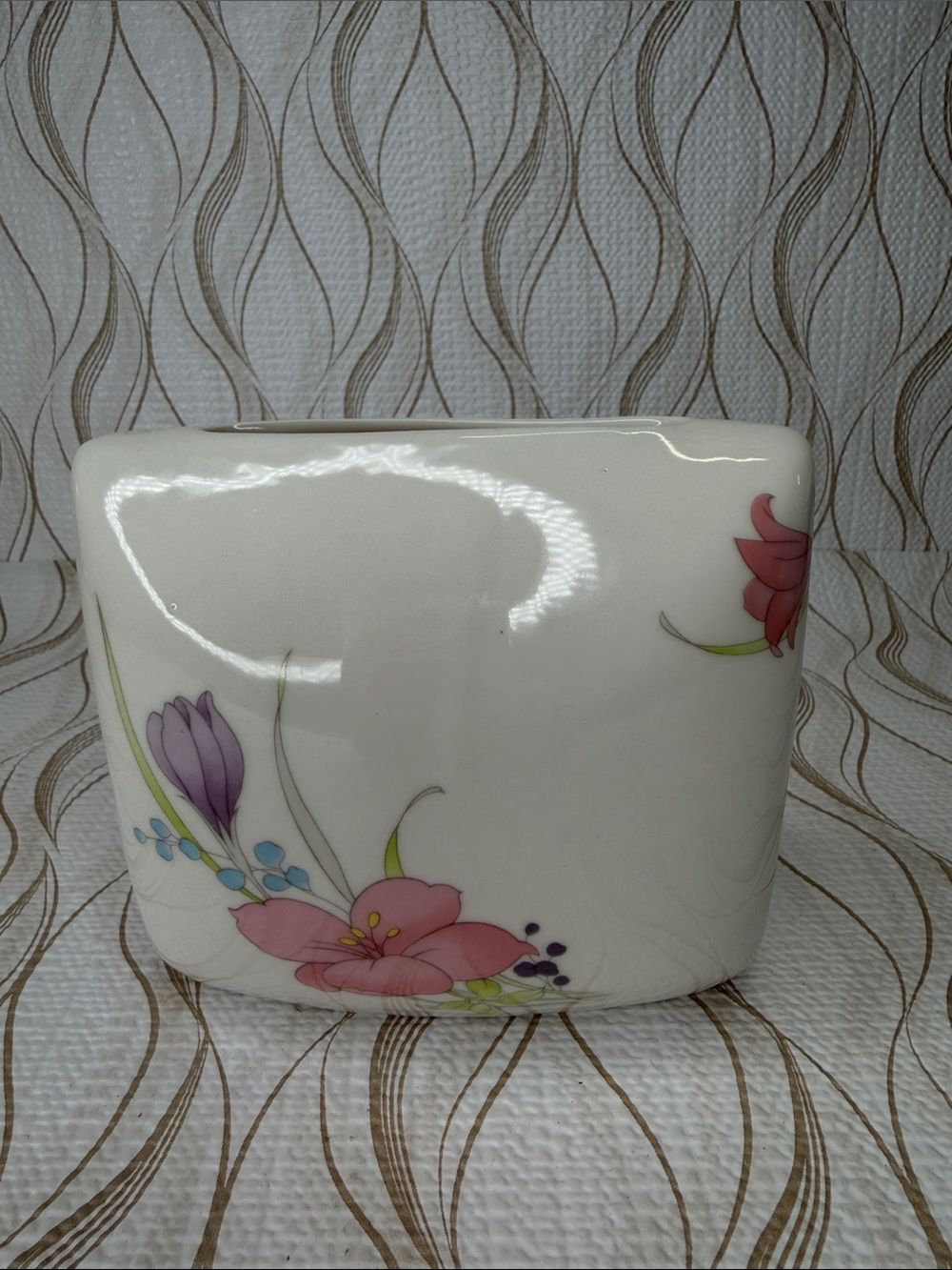 Japan Pillow Floral Ceramic Vase - Pink & Purple 1980s Rare Find
